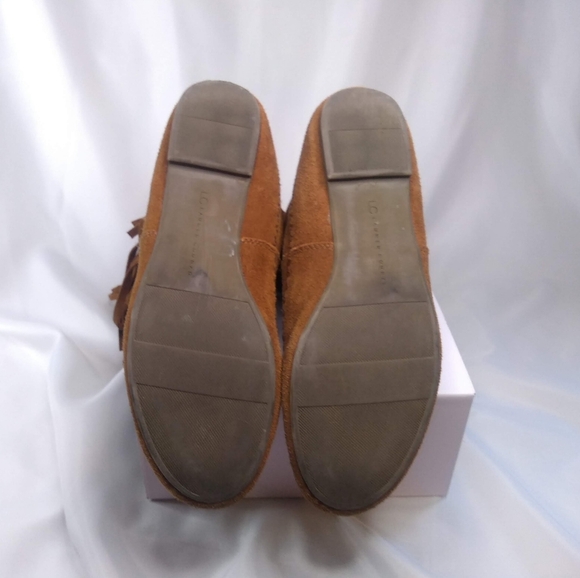 LC Lauren Conrad 3 Tier Fringe Suede Boots Chestnut Boho THIA Size 9 Mid Calf - Picture 4 of 7
